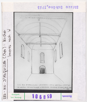 Vorschaubild Les-Aix-d'Angillon: Pfarrkirche Saint-Germain, Inneres nach Westen. Skizze Wolfgang Schöne 